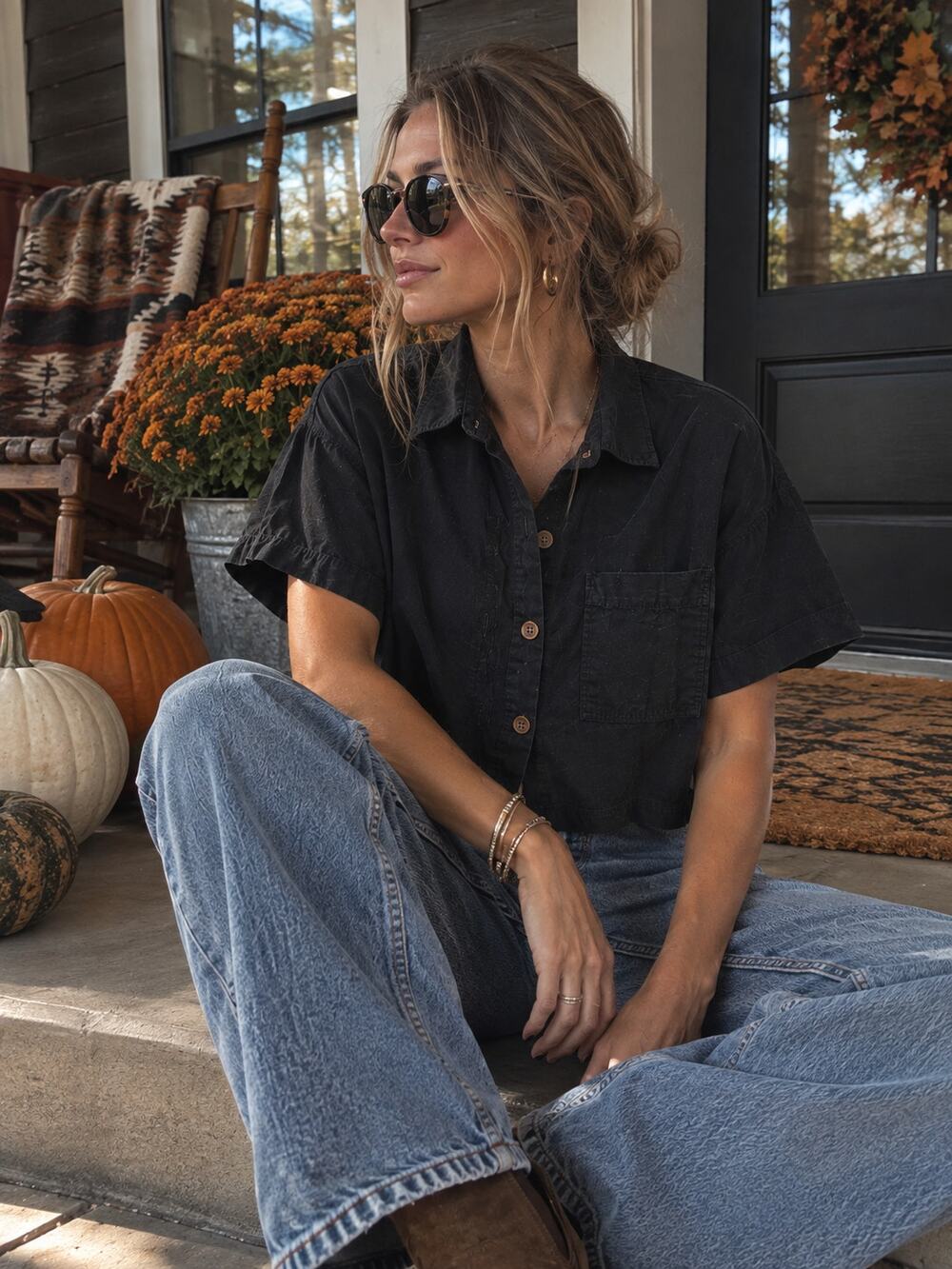 Future Collective Black Cropped Boxy Button Down Shirt Size XL